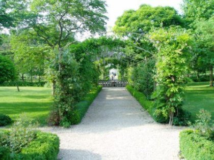 Judas tree arch with white wisteria, underplanted with hellebores, purple alliums and purple tulips
